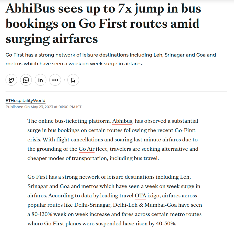 AbhiBus sees up to 7x jump in bus bookings on Go First routes amid surging airfares ET HospitalityWorld